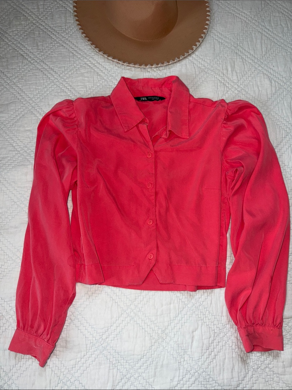 Zara Coral-Pink Puff Sleeve Button-Down Shirt
